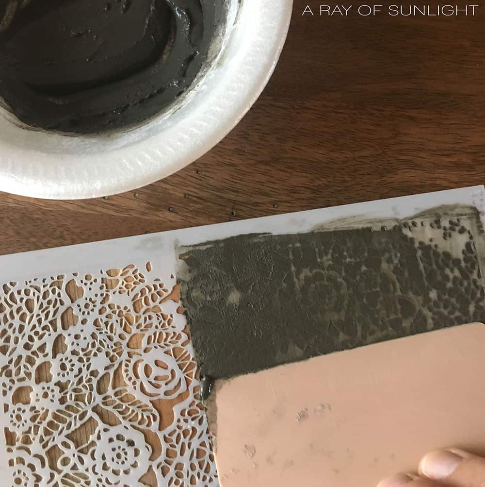 applying texture powder with lace stencil