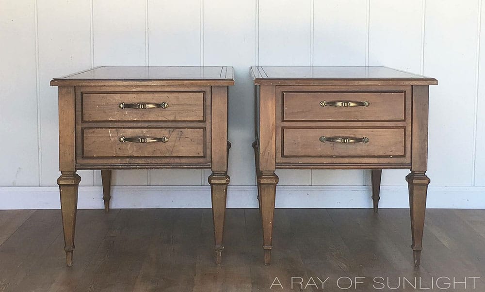 wood end tables with 2 drawers before painted makeover
