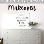 Light green dresser with six drawers, decor on top, and a wall sign
