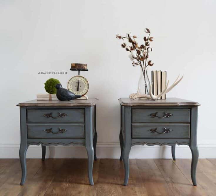 old blue painted french provincial nightstands with weathered wood painted tops