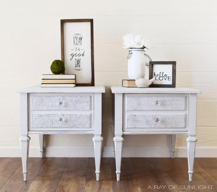 gray painted end tables with raised stenciling
