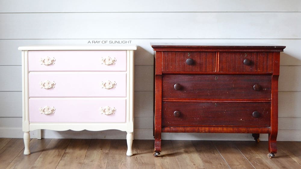 pink and cream painted dresser on the left and the empire style dresser on the right