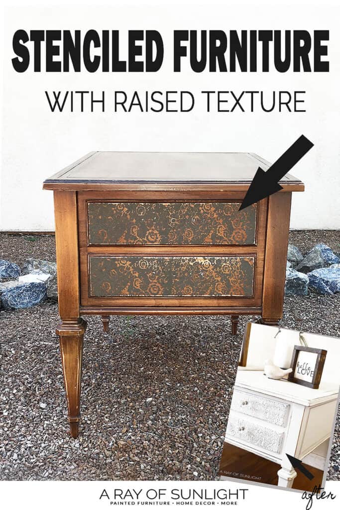 before and after of gray painted end tables with raised stenciling