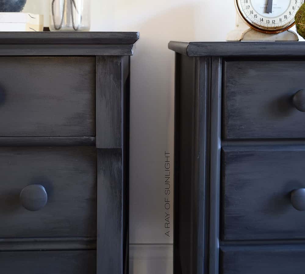closeup of the gray painted nightstands side by side