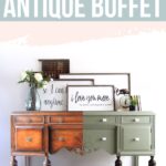 A wooden buffet, half restored with olive green paint, with decor and flowers on top, labeled before and after.