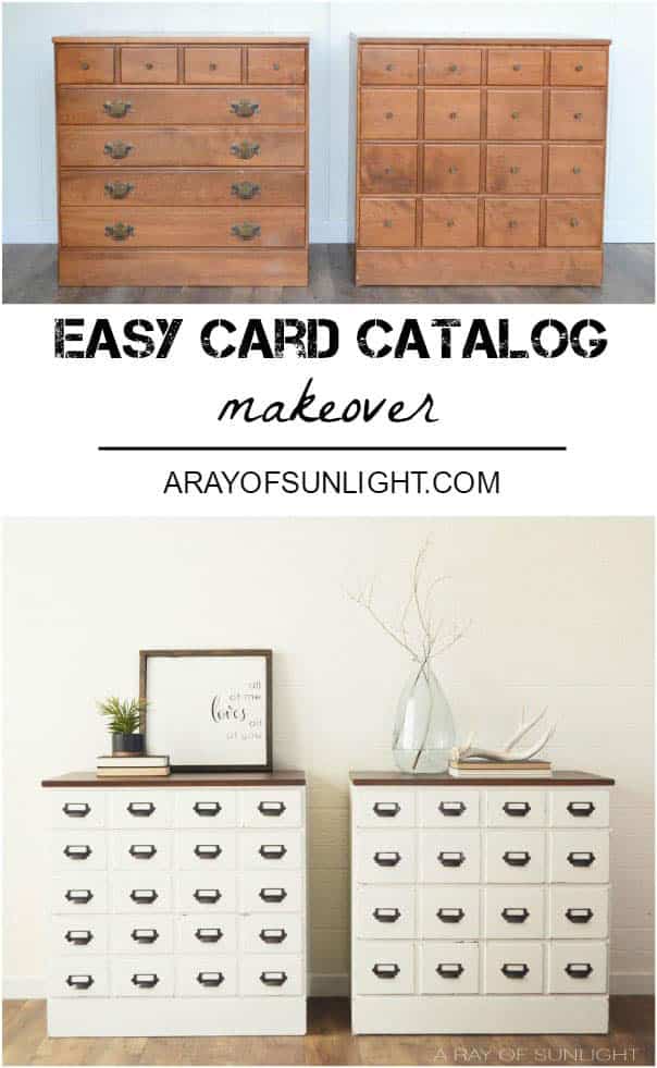 Before and after image of DIY card catalog painted dressers.