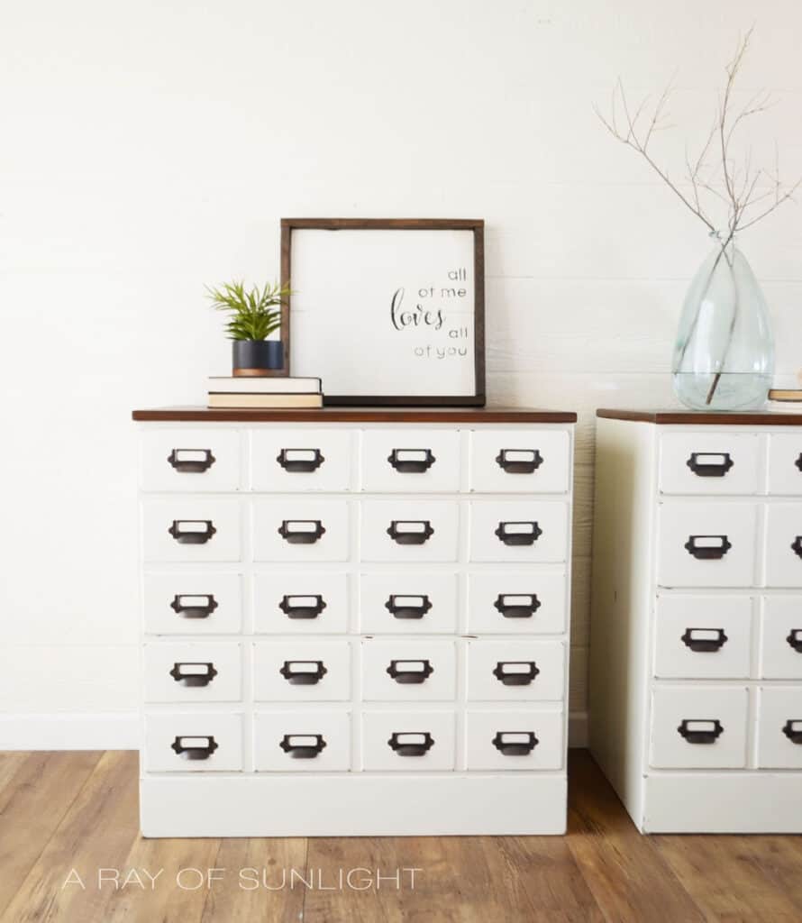 DIY Card catalog dressers painted in general finishes chalk paint.