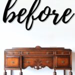 A vintage wooden buffet table with before written above it in large black script.