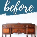 Antique wooden buffet with ornate details, labeled before against a blue and white background.