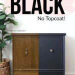 A tall cedar chest shows a before-and-after of painting furniture black, with No Topcoat! text above.