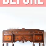 A vintage wooden sideboard with ornate details, shown against a white background with BEFORE text above.