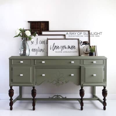 olive green painted antique buffet with dark wood legs