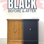 A wooden cedar chest half painted black, showing a before and after furniture makeover.