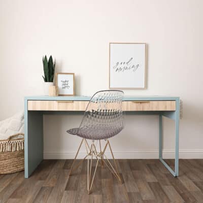 teal blue painted IKEA Micke desk with wood drawer fronts