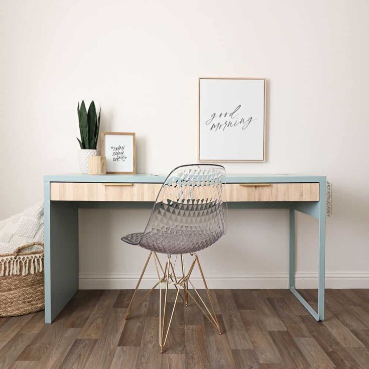 teal blue painted IKEA Micke desk with popsicle drawer fronts