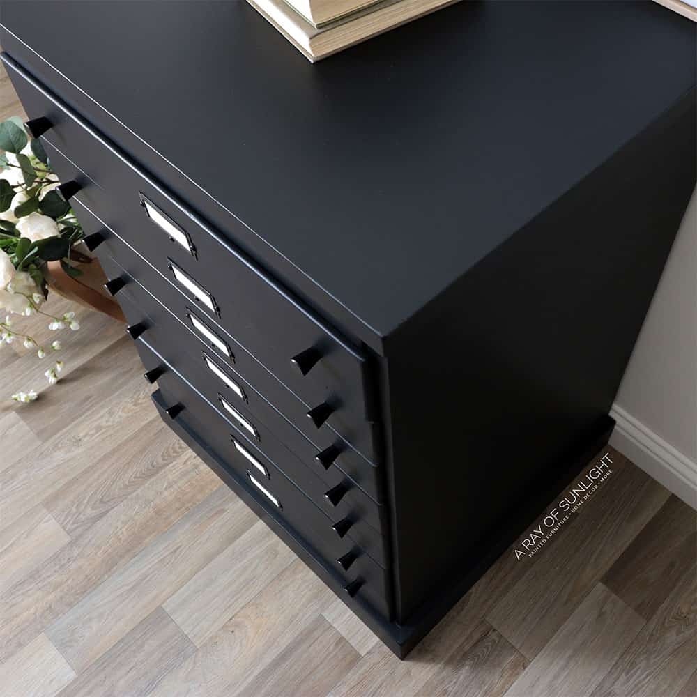 Top view of black painted flat file cabinet with Fusion Mineral Paint