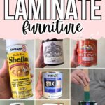 Collage of seven different paint cans and products for laminate furniture with a bold title above.