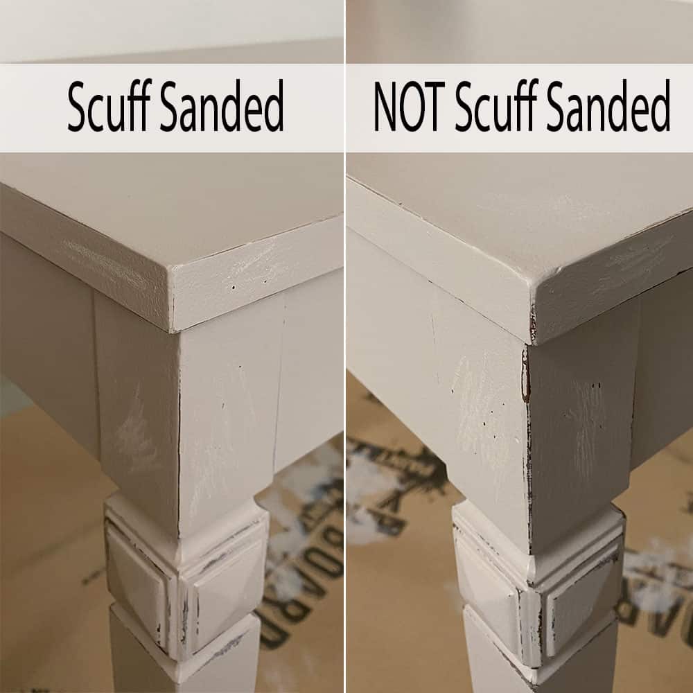 the difference between paint on a scuff sanded surface vs a not scuff sanded surface - heirloom traditions paint is great for laminate furniture without scuff sanding