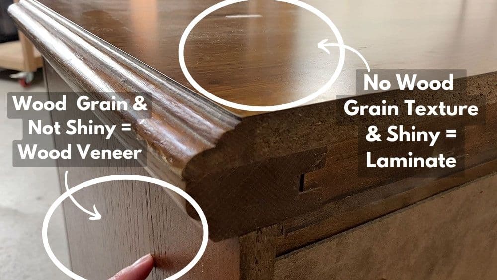 closeup of the difference between laminate and wood veneer furniture