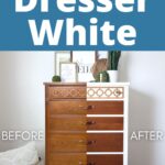 A dresser half painted white, showing a before and after comparison in a decorated room.