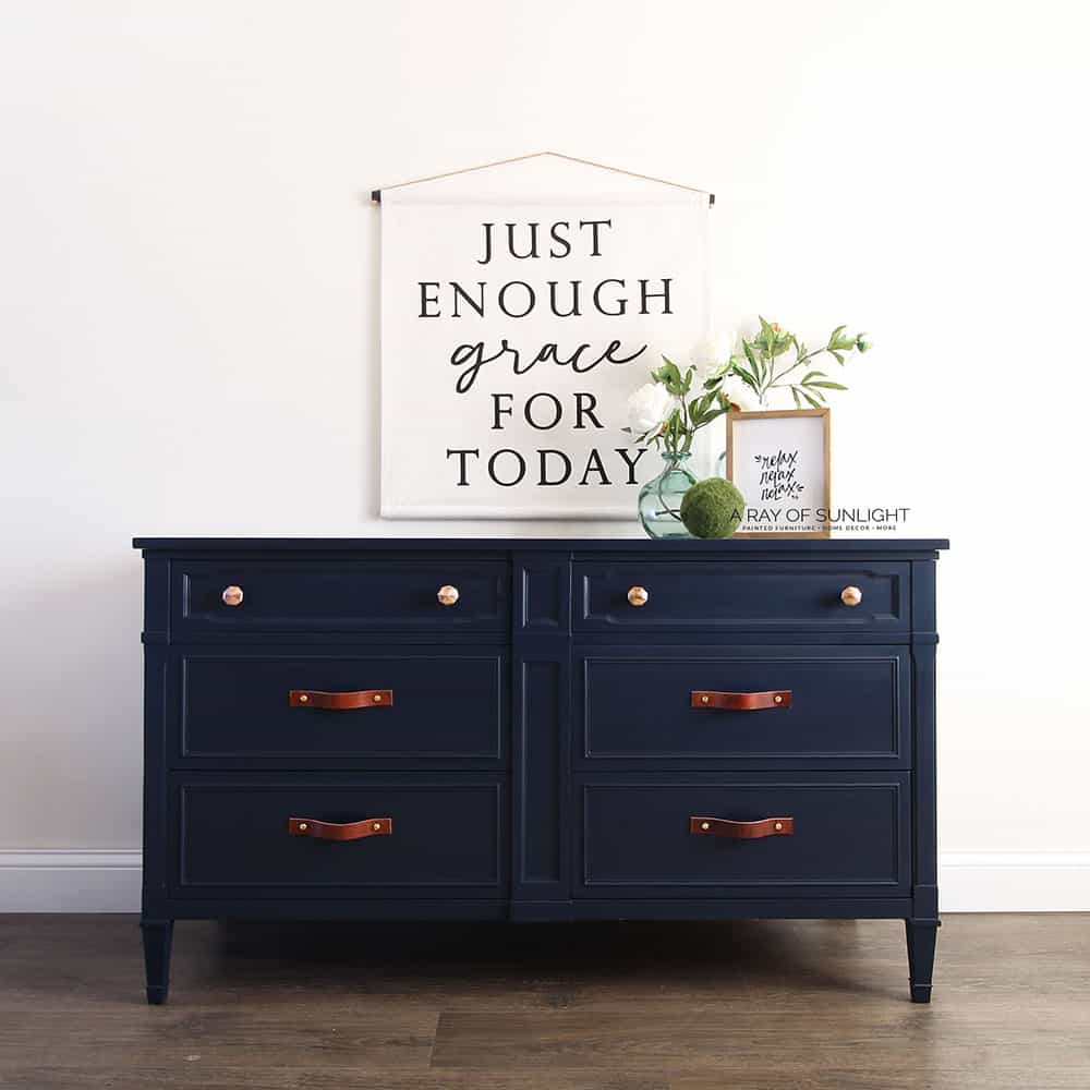navy blue painted 6 drawer dresser with gold knobs and leather pulls