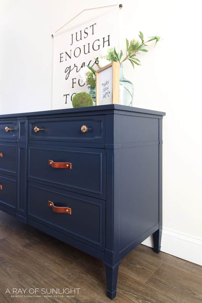 side view of the navy blue painted dresser