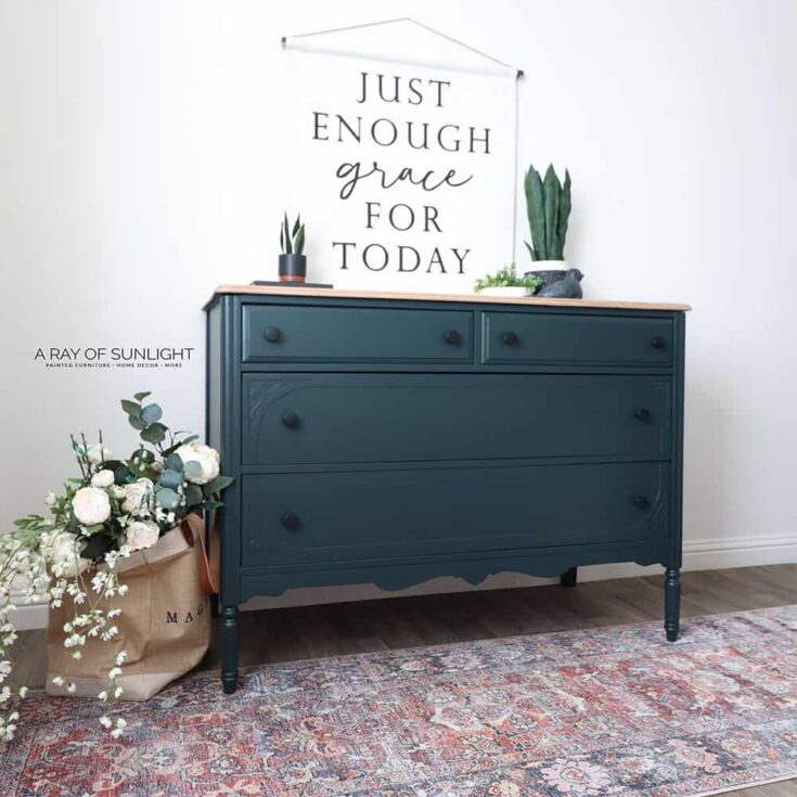 Green painted dresser with natural wood top