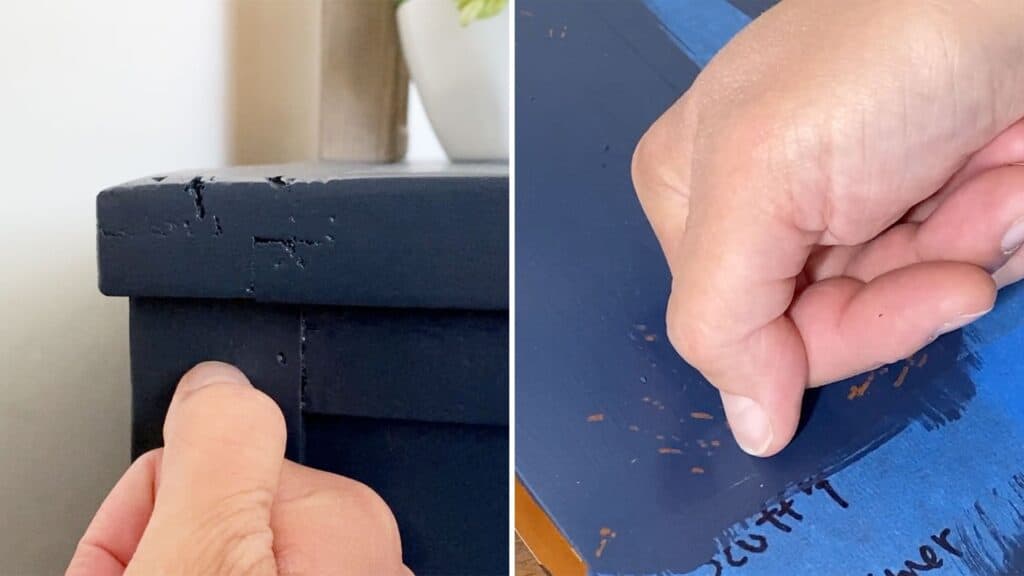 Latex paint with calcium carbonate powder on nightstands does not scratch off, but latex paint with calcium carbonate on a board does scratch off.