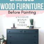 dark green painted wooden dresser with wood top and black knobs