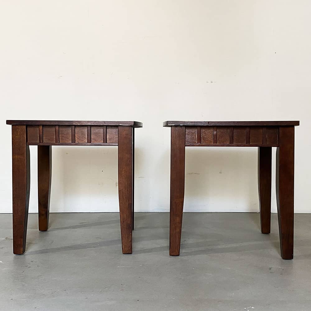 square wooden end tables with wood veneer damage