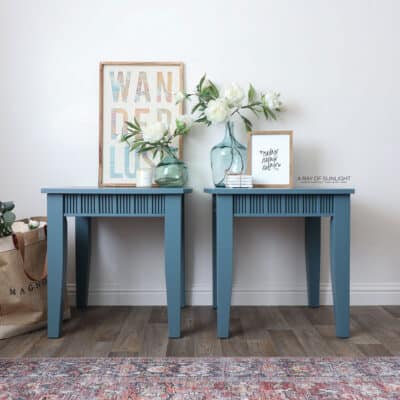 blue painted wood end tables with wooden dowels