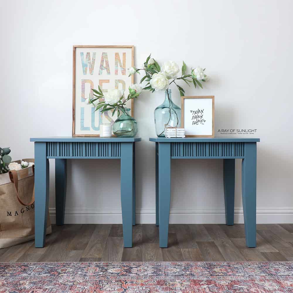 full view of the blue painted end tables with wooden dowels 