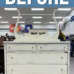 White vintage dresser with peeling paint in a store, with BEFORE text above in large letters.