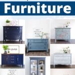 Collage of blue painted furniture including dressers, cabinets, and decor, with text 30+ Best Blue Painted Furniture.