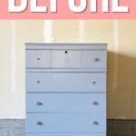 A plain blue dresser with mismatched knobs stands against a garage wall under a BEFORE label.