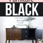 A wooden sideboard half painted black with chalk paint, labeled Before and After.