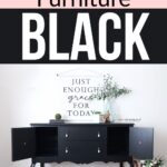 Black chalk-painted sideboard with decor, flowers, and a sign that reads, Just enough grace for today.