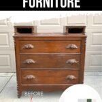 Brown antique dresser outdoors, labeled before with a small pixelated after preview and Painting Antique Furniture text.