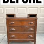 An old wooden dresser with three drawers and decorative handles, labeled BEFORE at the top.