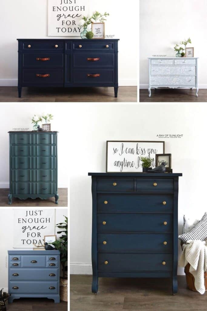collage of blue painted furniture