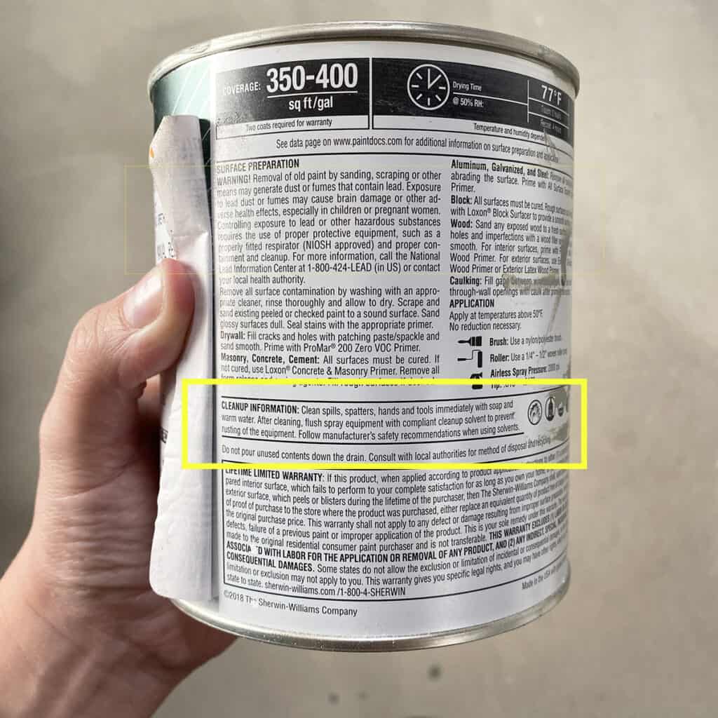 back of paint can with cleanup information
