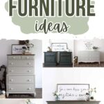 Collage of green-painted furniture pieces, including dressers and nightstands, with decorative signs on top.
