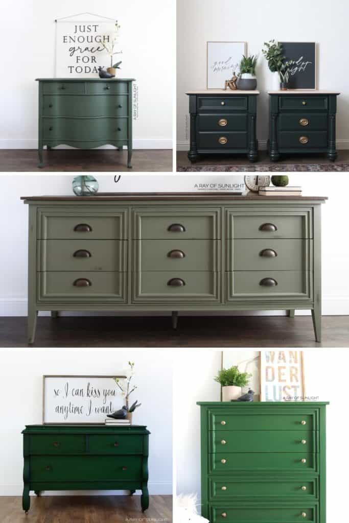 collage of green painted furniture
