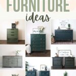 Collage of various green painted dressers and nightstands, styled with plants, books, and wall art.