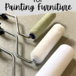 Three paint rollers of different textures lying on a surface, with text: Best Rollers for Painting Furniture.