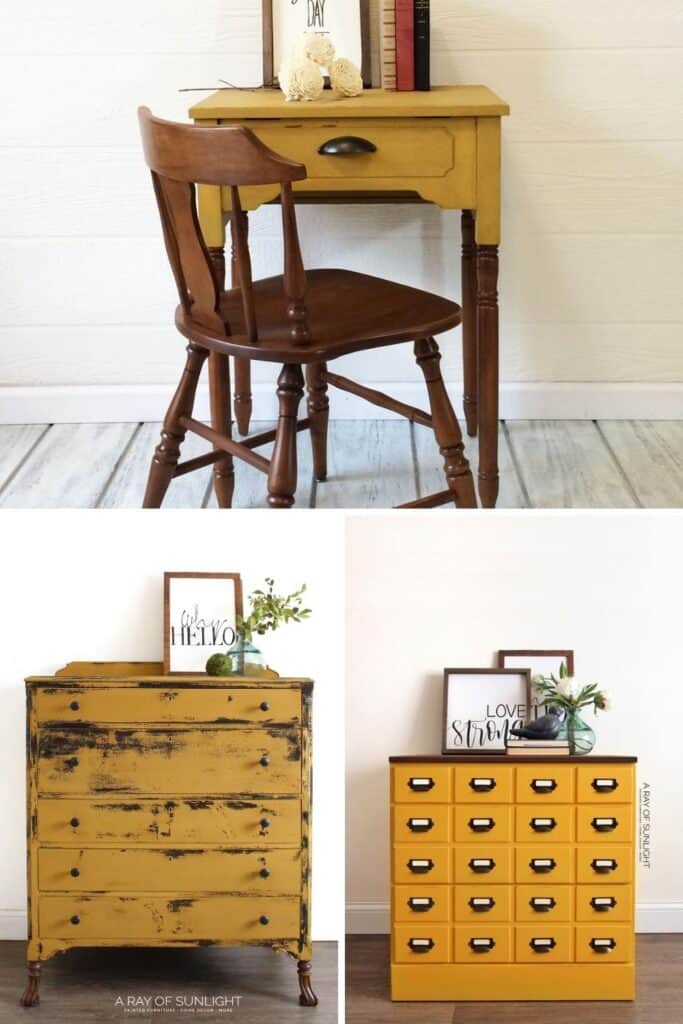 collage of yellow painted furniture