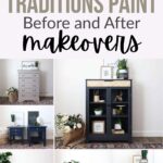 Collage showing furniture before and after being painted with Heirloom Traditions Paint in various styles.