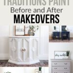 Collage of furniture before and after being painted with Heirloom Traditions Paint in various colors.