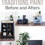 Collage showing furniture painted with Heirloom Traditions Paint in before and after transformations.