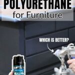 A person sprays polyurethane on dark furniture; text reads Best Spray Polyurethane for Furniture—Which is better?.